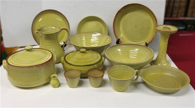 14 Pieces of Yellow Seagrove Glazed North Carolina Pottery including - 10 Platter, 11 Bowl - Marked WC - 84, Seagrove  and MS Dirt Dishes - 8 1/2 Each , Large Pitcher, Dover Miniature Vase,...