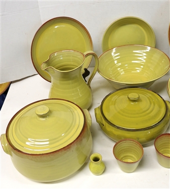 14 Pieces of Yellow Seagrove Glazed North Carolina Pottery including - 10 Platter, 11 Bowl - Marked WC - 84, Seagrove  and MS Dirt Dishes - 8 1/2 Each , Large Pitcher, Dover Miniature Vase,...