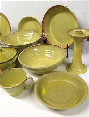 14 Pieces of Yellow Seagrove Glazed North Carolina Pottery including - 10 Platter, 11 Bowl - Marked WC - 84, Seagrove  and MS Dirt Dishes - 8 1/2 Each , Large Pitcher, Dover Miniature Vase,...