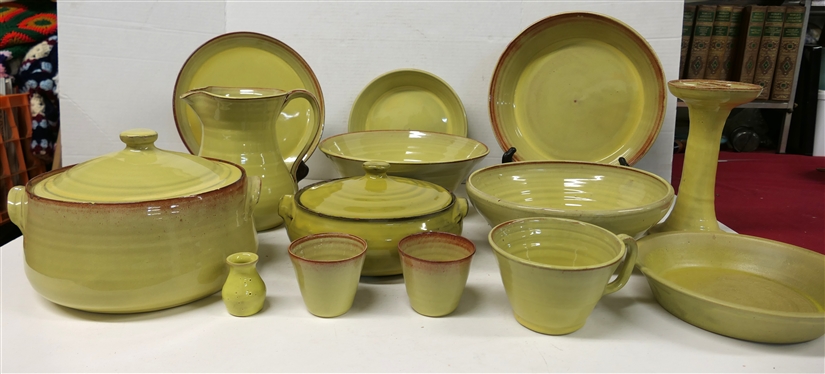 14 Pieces of Yellow Seagrove Glazed North Carolina Pottery including - 10 Platter, 11 Bowl - Marked WC - 84, Seagrove  and MS Dirt Dishes - 8 1/2 Each , Large Pitcher, Dover Miniature Vase,...
