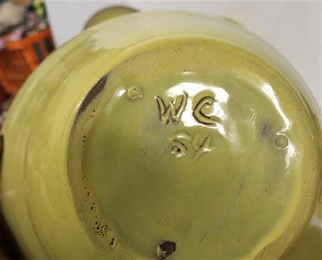 14 Pieces of Yellow Seagrove Glazed North Carolina Pottery including - 10 Platter, 11 Bowl - Marked WC - 84, Seagrove  and MS Dirt Dishes - 8 1/2 Each , Large Pitcher, Dover Miniature Vase,...
