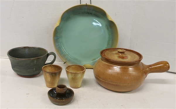 6 Pieces of North Carolina Pottery - WN Owen 2 Candle Stick, N Owen 5 Soup Mug, Bean Pot, Tumblers, Fluted Bowl 