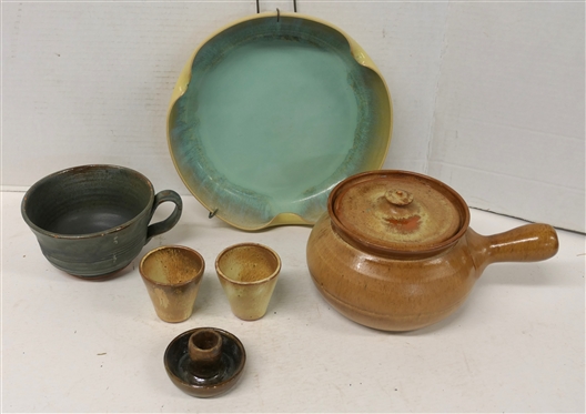 6 Pieces of North Carolina Pottery - WN Owen 2 Candle Stick, N Owen 5 Soup Mug, Bean Pot, Tumblers, Fluted Bowl 