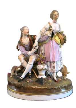Very Large 19th Century Dresden Statue - Courting Figures with Urn of Flowers and Dog and Sheep - Statue is 15 1/2" Tall 12" Across - Makers  Mark on Back 