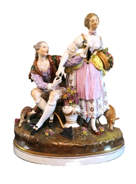 Very Large 19th Century Dresden Statue - Courting Figures with Urn of Flowers and Dog and Sheep - Statue is 15 1/2 Tall 12 Across - Makers  Mark on Back 