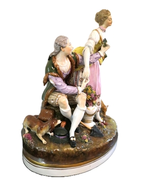 Very Large 19th Century Dresden Statue - Courting Figures with Urn of Flowers and Dog and Sheep - Statue is 15 1/2 Tall 12 Across - Makers  Mark on Back 