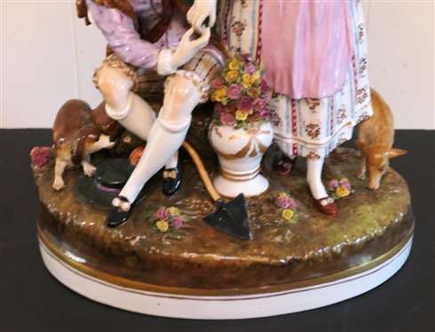 Very Large 19th Century Dresden Statue - Courting Figures with Urn of Flowers and Dog and Sheep - Statue is 15 1/2 Tall 12 Across - Makers  Mark on Back 