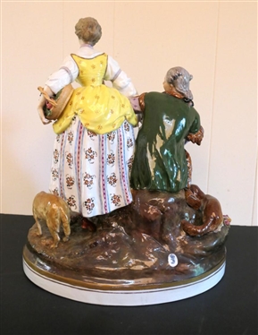 Very Large 19th Century Dresden Statue - Courting Figures with Urn of Flowers and Dog and Sheep - Statue is 15 1/2 Tall 12 Across - Makers  Mark on Back 