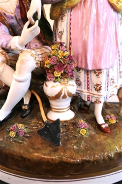 Very Large 19th Century Dresden Statue - Courting Figures with Urn of Flowers and Dog and Sheep - Statue is 15 1/2 Tall 12 Across - Makers  Mark on Back 