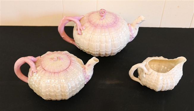 Outstanding Belleek Shell Form Tea Service - 2 Tea Pots and Small Pitcher - Largest Pink Handled Tea Pot is 4 1/2" Tall 9" Spout to Handle - Brown Mark