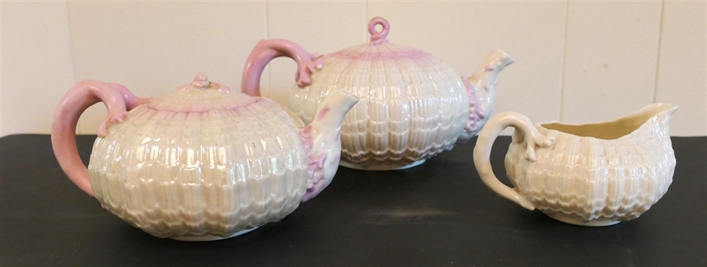 Outstanding Belleek Shell Form Tea Service - 2 Tea Pots and Small Pitcher - Largest Pink Handled Tea Pot is 4 1/2 Tall 9 Spout to Handle - Brown Mark