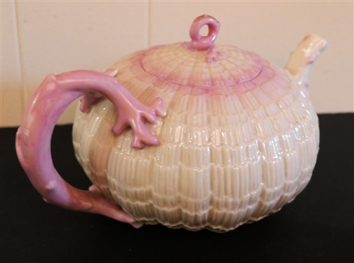 Outstanding Belleek Shell Form Tea Service - 2 Tea Pots and Small Pitcher - Largest Pink Handled Tea Pot is 4 1/2 Tall 9 Spout to Handle - Brown Mark