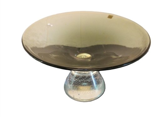 Large Art Glass Compote with Bubble Base - Smoke Colored Glass Top - 6 1/2" Tall 12" Across
