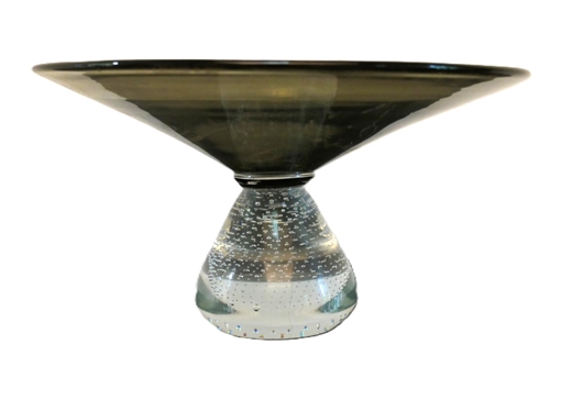 Large Art Glass Compote with Bubble Base - Smoke Colored Glass Top - 6 1/2 Tall 12 Across