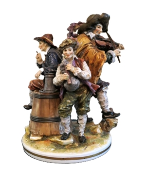 Large German Musician Statue - 3 Figural Musicians - Violin End is Broken and Hat of Man Sitting on Barrell Has Been Repaired - Statue is 11" Tall 