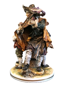 Large German Musician Statue - 3 Figural Musicians - Violin End is Broken and Hat of Man Sitting on Barrell Has Been Repaired - Statue is 11 Tall 
