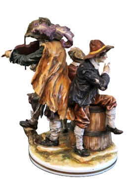 Large German Musician Statue - 3 Figural Musicians - Violin End is Broken and Hat of Man Sitting on Barrell Has Been Repaired - Statue is 11 Tall 