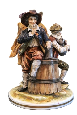 Large German Musician Statue - 3 Figural Musicians - Violin End is Broken and Hat of Man Sitting on Barrell Has Been Repaired - Statue is 11 Tall 