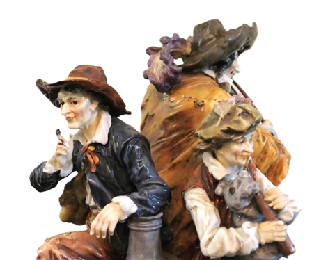Large German Musician Statue - 3 Figural Musicians - Violin End is Broken and Hat of Man Sitting on Barrell Has Been Repaired - Statue is 11 Tall 