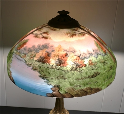 Incredible Reverse Painted Glass Lamp - Ornate Brass Base - Beautiful Shade with Reverse Painted Trees, Grass, and Stream - Lamp is 21 Tall 