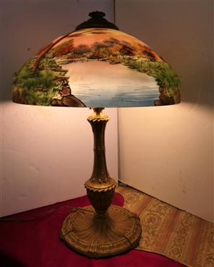 Incredible Reverse Painted Glass Lamp - Ornate Brass Base - Beautiful Shade with Reverse Painted Trees, Grass, and Stream - Lamp is 21 Tall 