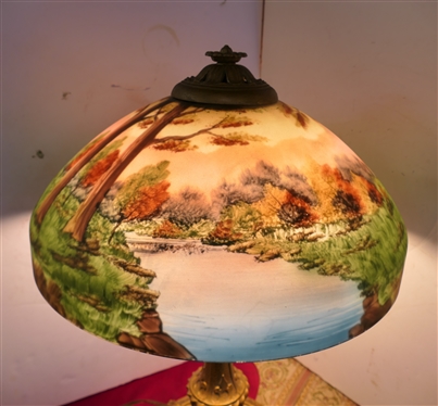 Incredible Reverse Painted Glass Lamp - Ornate Brass Base - Beautiful Shade with Reverse Painted Trees, Grass, and Stream - Lamp is 21 Tall 