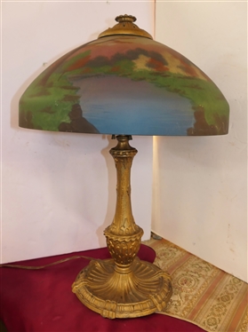 Incredible Reverse Painted Glass Lamp - Ornate Brass Base - Beautiful Shade with Reverse Painted Trees, Grass, and Stream - Lamp is 21 Tall 