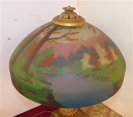 Incredible Reverse Painted Glass Lamp - Ornate Brass Base - Beautiful Shade with Reverse Painted Trees, Grass, and Stream - Lamp is 21 Tall 