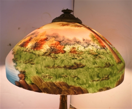 Incredible Reverse Painted Glass Lamp - Ornate Brass Base - Beautiful Shade with Reverse Painted Trees, Grass, and Stream - Lamp is 21 Tall 