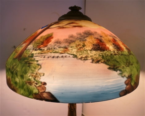 Incredible Reverse Painted Glass Lamp - Ornate Brass Base - Beautiful Shade with Reverse Painted Trees, Grass, and Stream - Lamp is 21 Tall 