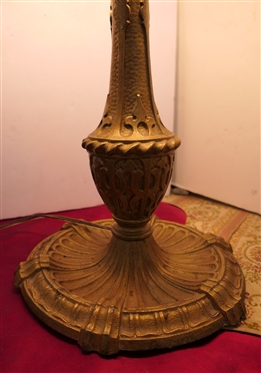 Incredible Reverse Painted Glass Lamp - Ornate Brass Base - Beautiful Shade with Reverse Painted Trees, Grass, and Stream - Lamp is 21 Tall 