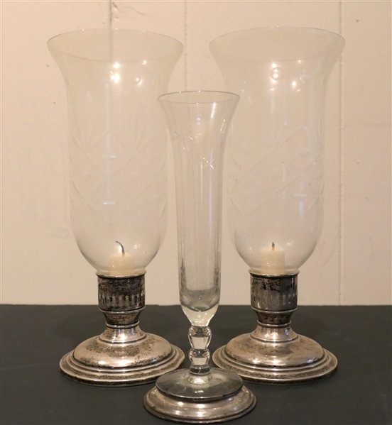 Pair of Reed & Barton Sterling Silver Based Candle Sticks and Sterling Silver Rimmed Bud Vase - Weighted Candle Sticks are Number 4701 Original Stickers - With Out Hurricanes 3 1/2" Tall with...