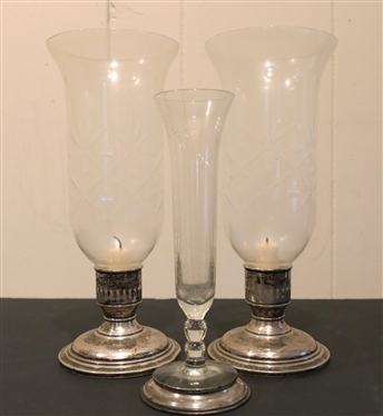 Pair of Reed & Barton Sterling Silver Based Candle Sticks and Sterling Silver Rimmed Bud Vase - Weighted Candle Sticks are Number 4701 Original Stickers - With Out Hurricanes 3 1/2" Tall with...
