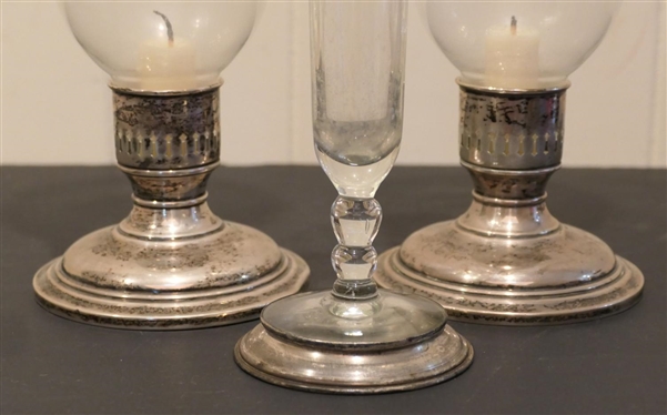 Pair of Reed & Barton Sterling Silver Based Candle Sticks and Sterling Silver Rimmed Bud Vase - Weighted Candle Sticks are Number 4701 Original Stickers - With Out Hurricanes 3 1/2 Tall with...