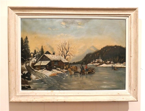 19th Century Oil on Canvas Painting of Winter Scene with Horse and People on Frozen River - Evidence of Early Repair on Back - Framed - Frame is 28" By 38" - Canvas is 21" by 32" 