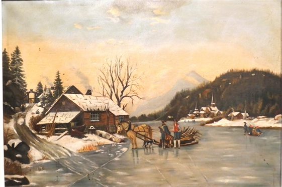 19th Century Oil on Canvas Painting of Winter Scene with Horse and People on Frozen River - Evidence of Early Repair on Back - Framed - Frame is 28 By 38 - Canvas is 21 by 32 