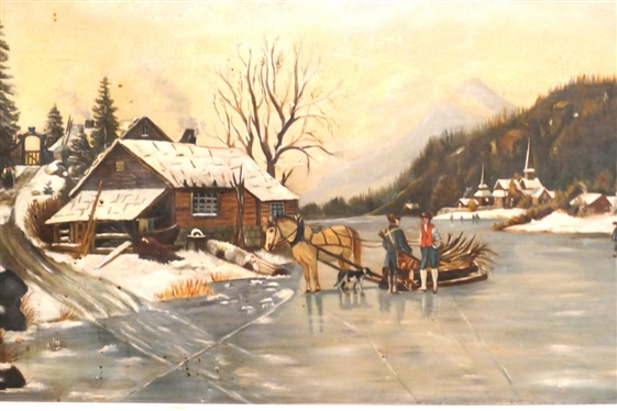 19th Century Oil on Canvas Painting of Winter Scene with Horse and People on Frozen River - Evidence of Early Repair on Back - Framed - Frame is 28 By 38 - Canvas is 21 by 32 
