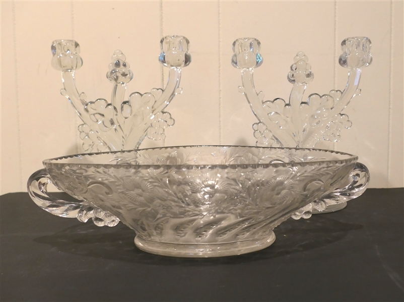 Elegant Etched Glass Console Set - Beautiful Oval Bowl with Fruit Handles and Pair of Excellent Elegant Glass Candelabras with Cut Bases - 2 Lights with Fruit Centers - Each Candlestick is 9" Tall...