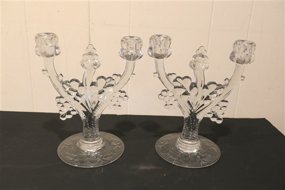 Elegant Etched Glass Console Set - Beautiful Oval Bowl with Fruit Handles and Pair of Excellent Elegant Glass Candelabras with Cut Bases - 2 Lights with Fruit Centers - Each Candlestick is 9 Tall...