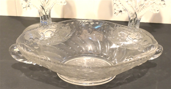 Elegant Etched Glass Console Set - Beautiful Oval Bowl with Fruit Handles and Pair of Excellent Elegant Glass Candelabras with Cut Bases - 2 Lights with Fruit Centers - Each Candlestick is 9 Tall...
