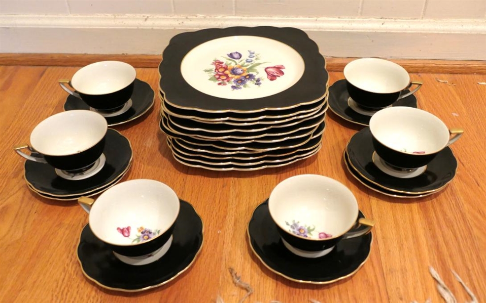 24 Pieces of Royal Bayreuth Bavaria China - Beautiful Floral Centers with Black Border and Gold Trim - 8" Square Dessert Plates and Cup and Saucer Sets