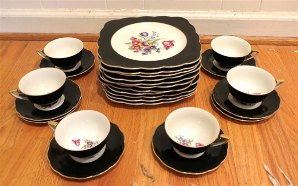 24 Pieces of Royal Bayreuth Bavaria China - Beautiful Floral Centers with Black Border and Gold Trim - 8" Square Dessert Plates and Cup and Saucer Sets