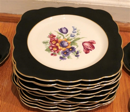 24 Pieces of Royal Bayreuth Bavaria China - Beautiful Floral Centers with Black Border and Gold Trim - 8 Square Dessert Plates and Cup and Saucer Sets