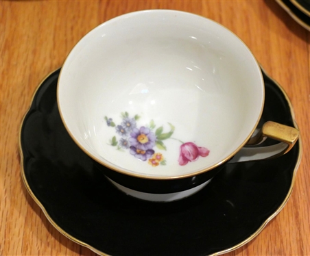 24 Pieces of Royal Bayreuth Bavaria China - Beautiful Floral Centers with Black Border and Gold Trim - 8 Square Dessert Plates and Cup and Saucer Sets