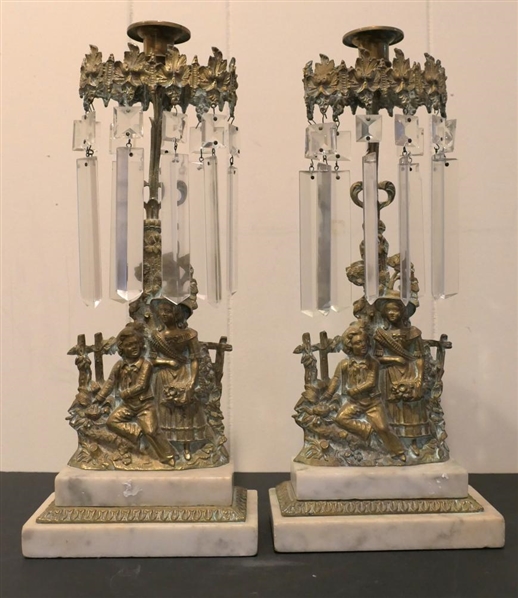Pair of Brass and Marble Girandoles - Courting Figures and Large Crystal Prisms - One Prism is Broken - Marble Bases - Each is 15 1/2" Tall 