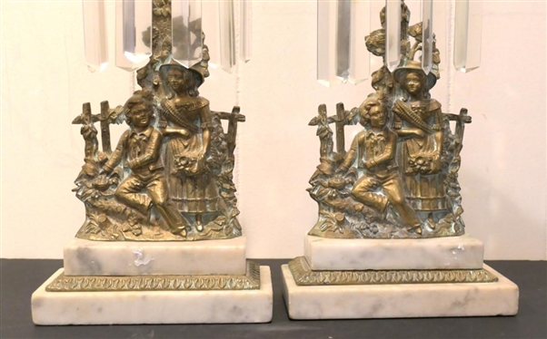Pair of Brass and Marble Girandoles - Courting Figures and Large Crystal Prisms - One Prism is Broken - Marble Bases - Each is 15 1/2 Tall 