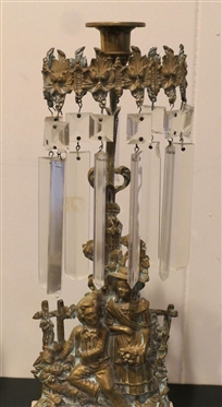 Pair of Brass and Marble Girandoles - Courting Figures and Large Crystal Prisms - One Prism is Broken - Marble Bases - Each is 15 1/2 Tall 