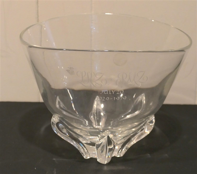 Large Steuben Oval Bowl - Signed Steuben on Base - Etched "LKZ * RMZ - July 20 1929 - 1979" - Bowl is 8" Tall 10" By 8 1/2" 