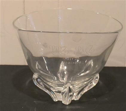 Large Steuben Oval Bowl - Signed Steuben on Base - Etched "LKZ * RMZ - July 20 1929 - 1979" - Bowl is 8" Tall 10" By 8 1/2" 