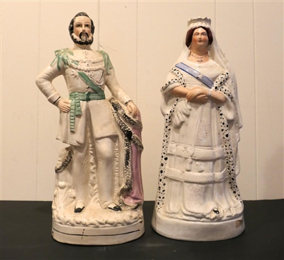 19th Century Staffordshire King and Queen Statues - Queen Elizabeth is 16 3/4" King is 18" Tall - Hairline Crack in Back of Prince Figure 